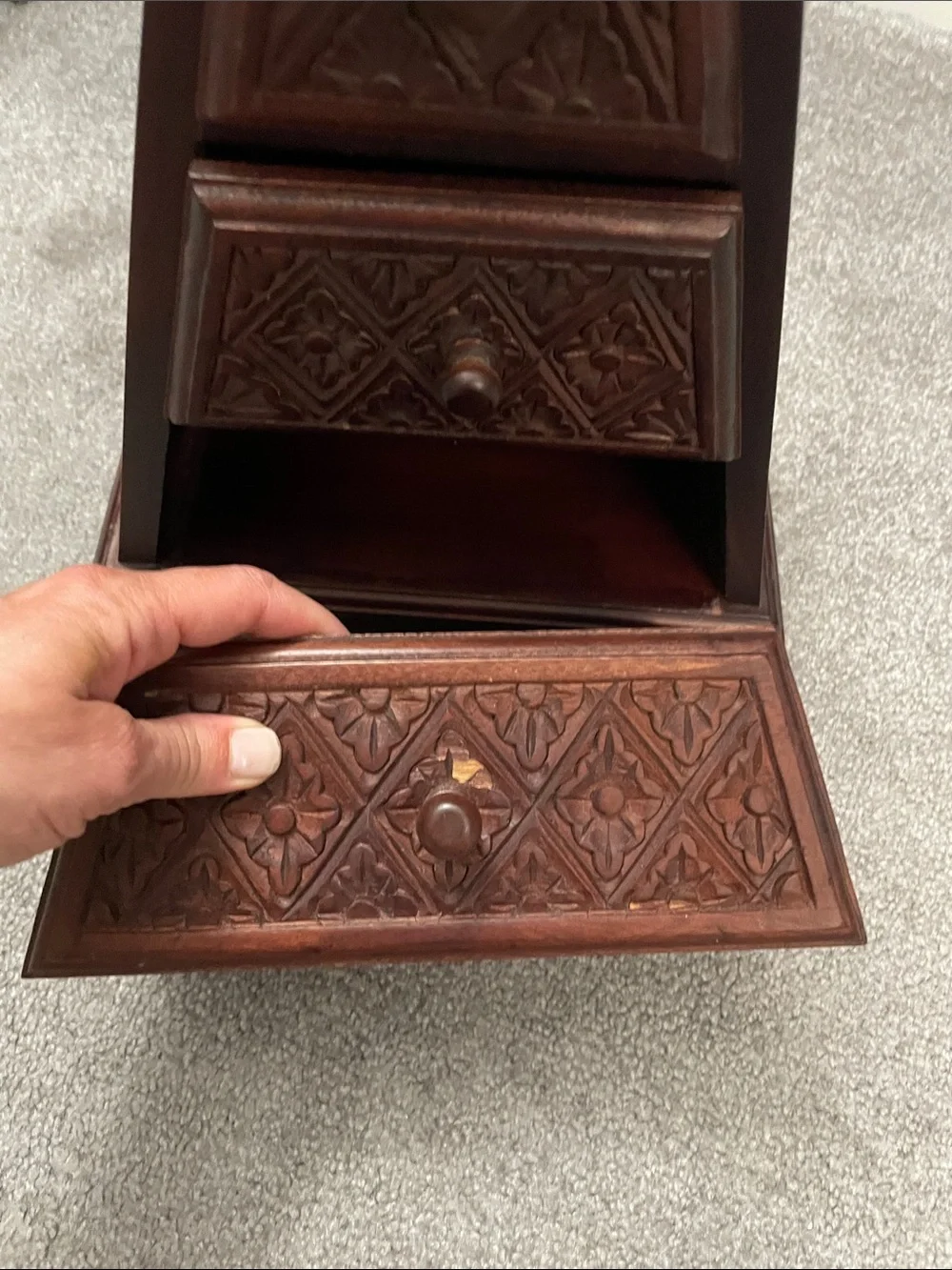 Hand-Carved Pyramid Wooden Jewelry Chest - Brown
